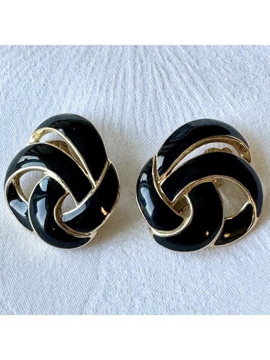 Trifari Jewelry - Vintage Trifari Earrings Black Enamel Gold Twist Knot Clip-On Signed Very Nice!